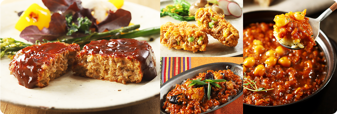 ヤヨイサンフーズの野菜や豆など、植物由来の食材で仕立てたイートベジ（eat-vege）