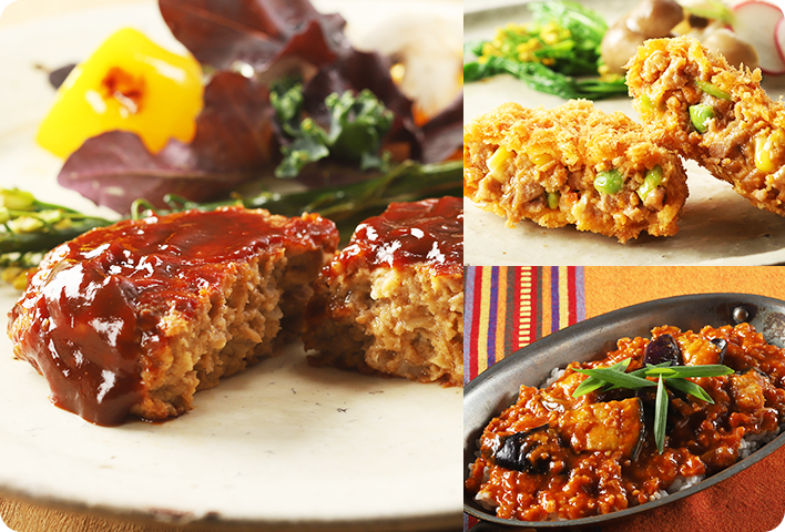 ヤヨイサンフーズの野菜や豆など、植物由来の食材で仕立てたイートベジ（eat-vege）